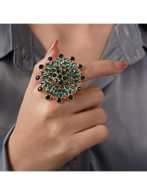 YERTTER Vintage Indian Ethnic Style Green Crystal Hollow Big Round Ring Rhinestone Crystal Ring Adjustable Party Gift for Women Girls