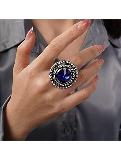YERTTER Vintage Boho Ring Blue Crystal Rhinstone Roud Ring Adjustable Antique Crystal Ring Expandable Open Wrap Ring Statement Ring for Women Girls Large Cocktail Party (