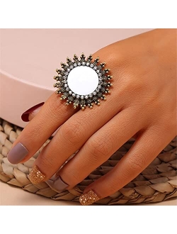 Dtja Vintage Mirror Sunflower Big Statement Ring for Women Girls Oxidized Gold Plated Cubic Zirconia Adjustable Expandable Boho Round Open Band Rings Comfort Fit Indian B