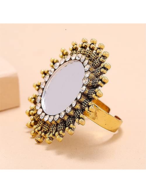 Dtja Vintage Mirror Sunflower Big Statement Ring for Women Girls Oxidized Gold Plated Cubic Zirconia Adjustable Expandable Boho Round Open Band Rings Comfort Fit Indian B