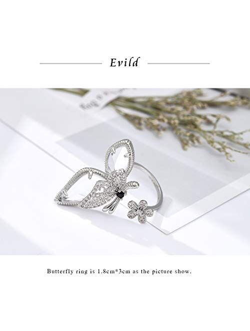 EVILD Butterfly Sparkly Ring Rhinestone Bow-Knot Knuckle Ring Wedding Jewelry Adjustable Open Ring Expandable Joint Ring for Women and Girls