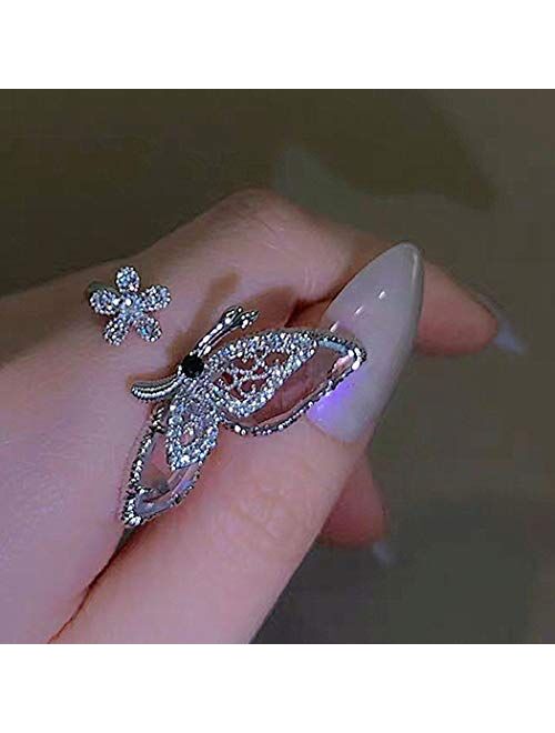 EVILD Butterfly Sparkly Ring Rhinestone Bow-Knot Knuckle Ring Wedding Jewelry Adjustable Open Ring Expandable Joint Ring for Women and Girls