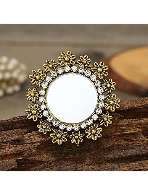Hebelee Vintage CZ Round Mirror Daisy Flower Ring for Women Girls Cubic Zirconia Adjustable Open Wrap Statement Rings Comfort Fit Retro Holiday Wedding Birthday Y2K Party