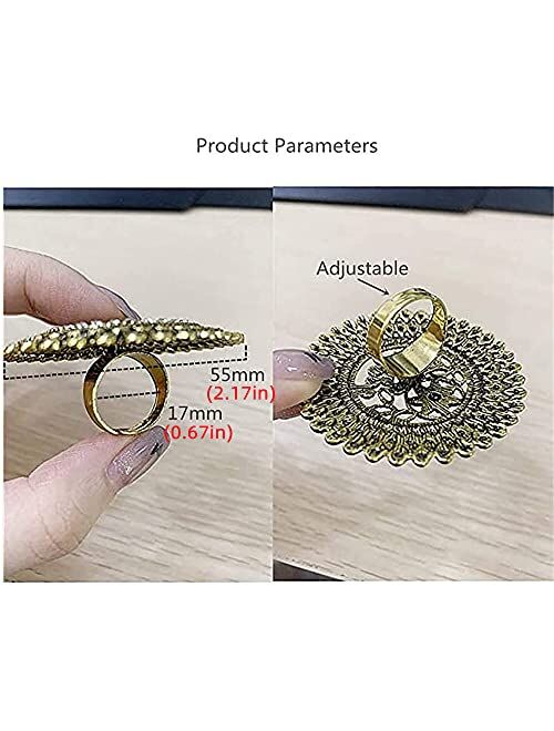 Dtja Vintage Big Round Statement Ring for Women Girls Boho Antique Mosaic Crystal CZ Expandable Open Wrap Finger Rings Adjustable Comfort Fit Indian Bollywood Style Exagg