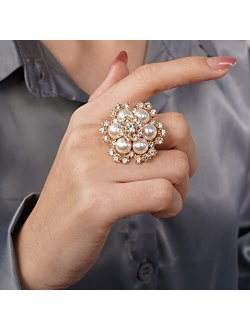 YERTTER Boho Gold Oversized Pearl Rhinestone Crystal Flower Ring Women Statement Ring Adjustable Ring Boho Pearl Ring Vintage Finger Knuckle Ring Gift for Women Girls