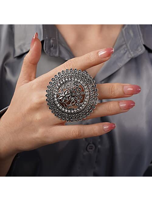 YERTTER Vintage Boho Women Rings Statement Rhinestone Big Roud Crystal Ring Adjustable Expandable Open Wrap Ring Stylish Indian Hand Accessories for Women Party Gift