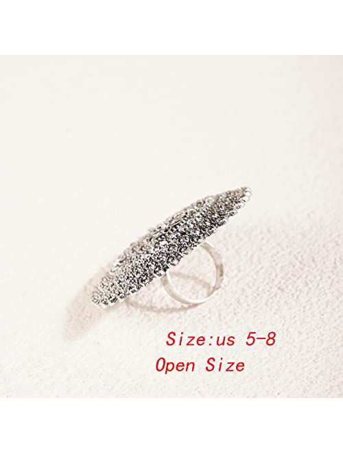 YERTTER Vintage Boho Women Rings Statement Rhinestone Big Roud Crystal Ring Adjustable Expandable Open Wrap Ring Stylish Indian Hand Accessories for Women Party Gift