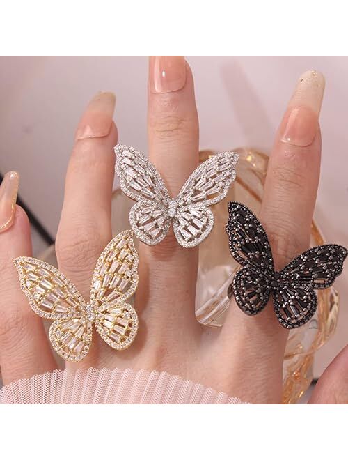 TKMIRA Butterfly Ring for Women Gold Adjustable Cubic Zirconia Ring Jewelry Sparkling Sterling Silver Open Statement Ring
