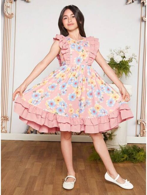 SHEIN Kids CHARMNG Girls Floral Print Ruffle Trim Dress
