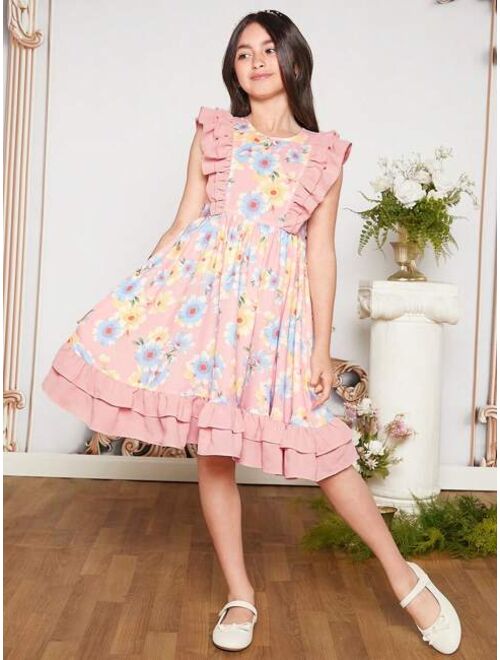 SHEIN Kids CHARMNG Girls Floral Print Ruffle Trim Dress