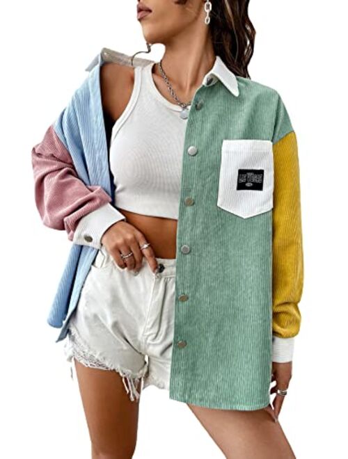 GORGLITTER Women's Corduroy Color Block Button Down Shirts Letter Long Sleeve Shacket Jacket