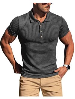 Onzcy Muscle Polo Shirts for Men Short Sleeve Slim Fit Golf Shirts for Men Casual Dry Fit T Shirts Ribbed Knit Bowling Shirts