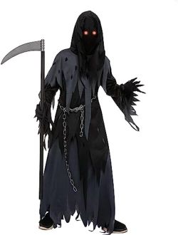 Glowing Eyes Grim Reaper Costume for Kids, Dark Knight Reaper Phantom Costume for Halloween Dress Up-M(8-10yr)