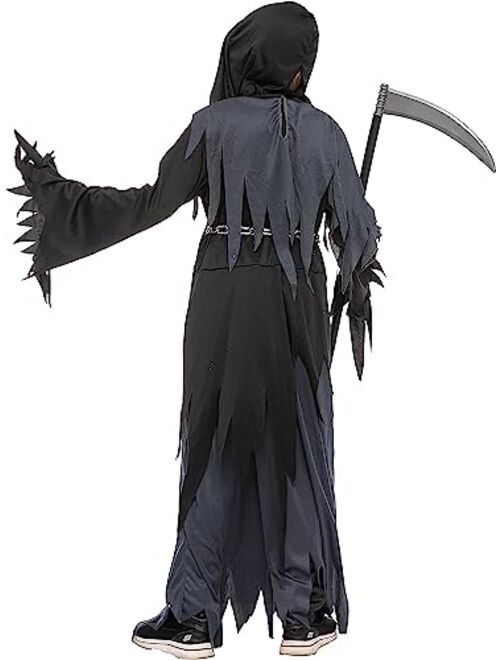 Spooktacular Creations Glowing Eyes Grim Reaper Costume for Kids, Dark Knight Reaper Phantom Costume for Halloween Dress Up-M(8-10yr)