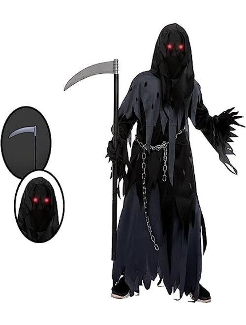 Spooktacular Creations Glowing Eyes Grim Reaper Costume for Kids, Dark Knight Reaper Phantom Costume for Halloween Dress Up-M(8-10yr)