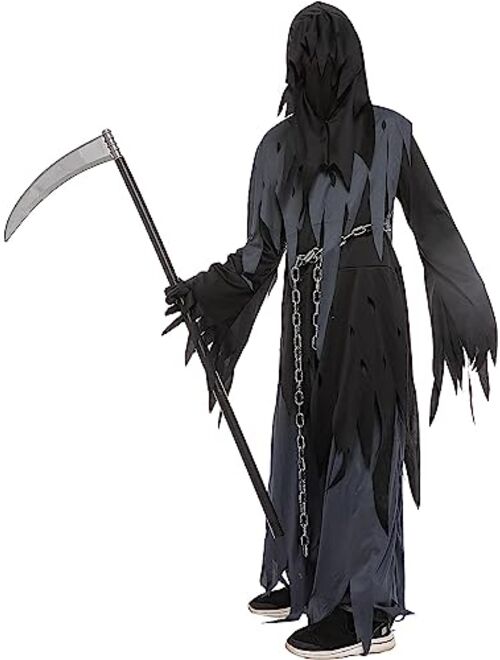 Spooktacular Creations Glowing Eyes Grim Reaper Costume for Kids, Dark Knight Reaper Phantom Costume for Halloween Dress Up-M(8-10yr)