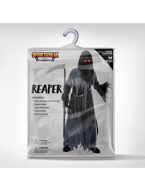 Spooktacular Creations Glowing Eyes Grim Reaper Costume for Kids, Dark Knight Reaper Phantom Costume for Halloween Dress Up-M(8-10yr)