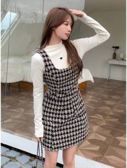 Plaid Print Overall Dress Without Tee