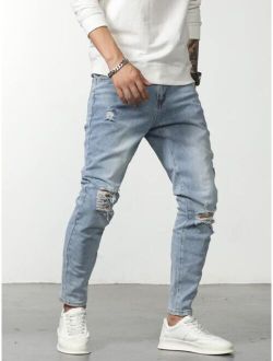 Manfinity LEGND Men Cotton Slant Pocket Ripped Jeans