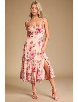 Tea Party Chic Pink Floral Print Tie-Strap Tiered Midi Dress