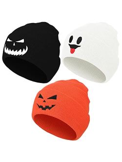 Jetec 3 Pcs Halloween Beanie Skull Hat Ghost Slouchy Beanie for Men Women Warm Winter Knit Beanie Gift