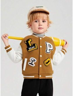 Young Boy Letter Patched Striped Trim Drop Shoulder Varsity Jacket