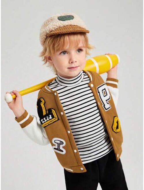 Shein Young Boy Letter Patched Striped Trim Drop Shoulder Varsity Jacket