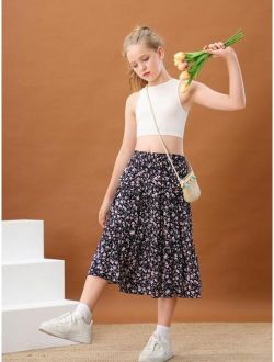Tween Girl Casual Comfortable Ditsy Floral Mid Length Skirt