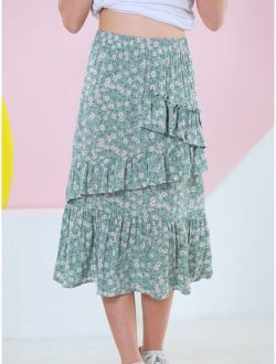 Tween Girl Ditsy Floral Print Ruffle Trim Skirt