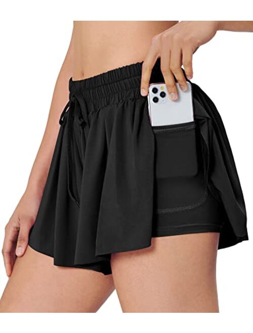 JGS1996 2 in 1 Flowy Shorts for Women High Waisted Butterfly Shorts Athletic Workout Biker Casual Pleated Summer Skirts