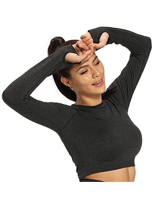 JGS1996 Long Sleeve Crop Tops for Women Workout Seamless Crop T Shirt Top Athletic Fitness Tight Tee