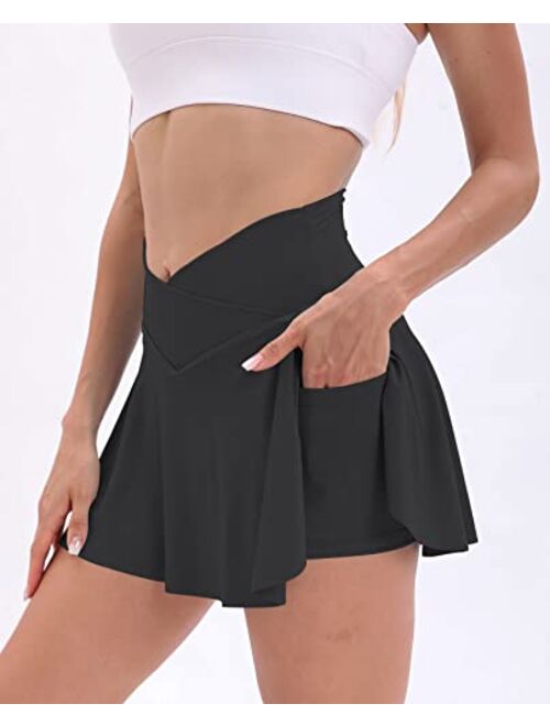 JGS1996 Pleated Tennis Skirt with Pockets Shorts for Women Crossover High Waisted Athletic Golf Skorts Summer Mini Skirts