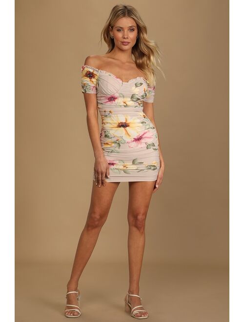 Lulus Adore the Attention Taupe Floral Print Ruched Bodycon Dress