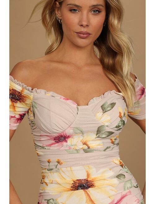 Lulus Adore the Attention Taupe Floral Print Ruched Bodycon Dress