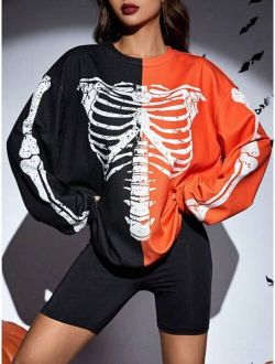 Coolane Halloween Two Tone Skeleton Print Drop Shoulder Sweatshirt