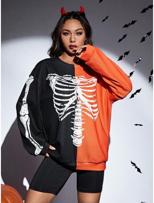 SHEIN Coolane Halloween Two Tone Skeleton Print Drop Shoulder Sweatshirt