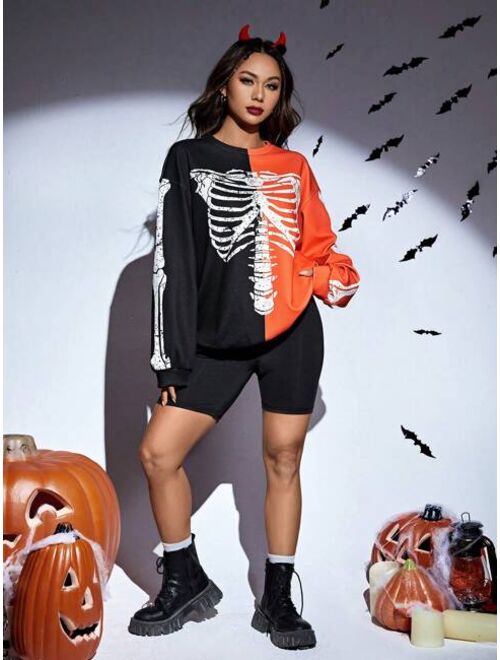 SHEIN Coolane Halloween Two Tone Skeleton Print Drop Shoulder Sweatshirt