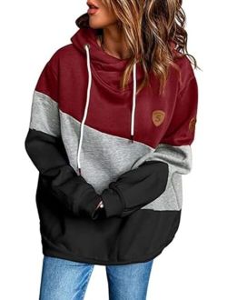 Happy Sailed Womens Cowl Neck Pullover Hoodie Casual Color Block Long Sleeve Drawstring Sweatshirt Jumper Tunic Tops S-2XL
