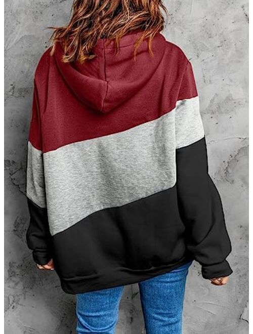 Happy Sailed Womens Cowl Neck Pullover Hoodie Casual Color Block Long Sleeve Drawstring Sweatshirt Jumper Tunic Tops S-2XL
