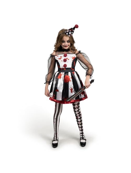 Spooktacular Creations Girls Clown Costume, Scary Clown Costume, Black and White Bloody Jester Dress for Girls