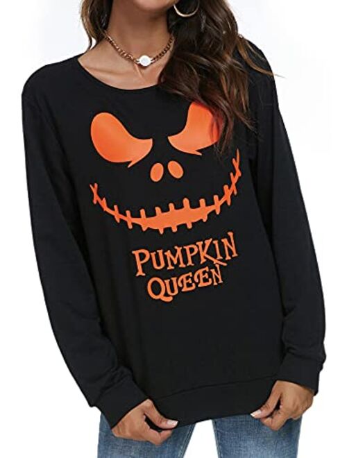 Barlver Women's Funny Halloween Pumpkin Face Sweatshirt Slouchy Witch Shirt Long Sleeve Pullover Tops For Thanksgiving Gift