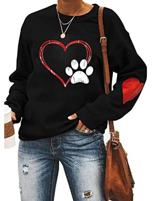 Atact Love Heart Dog Paw Print Sweatshirts Women Long Sleeve Pullover Tops Casual Blouse