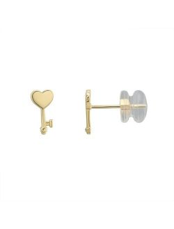 Charming Girl 14k Gold Heart Key Stud Earrings