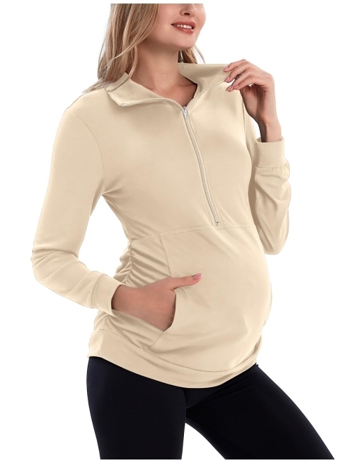 GINKANA Maternity Women's Long Sleeve Shirt Half Zipper Lapel Lightweight Casual Maternity Pullover with Pockets