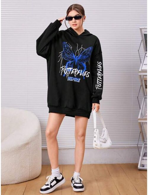 Shein Teen Girl Butterfly & Letter Graphic Drop Shoulder Hooded Dress