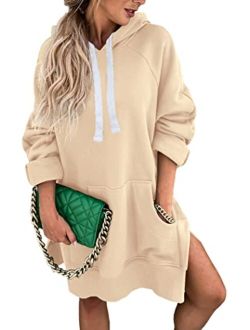 Women's Casual Pullover Sweatshirt Long Sleeve Split Hem Hoodie Dress with Kangaroo Pocket