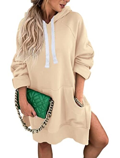 PRETTYGARDEN Women's Casual Pullover Sweatshirt Long Sleeve Split Hem Hoodie Dress with Kangaroo Pocket