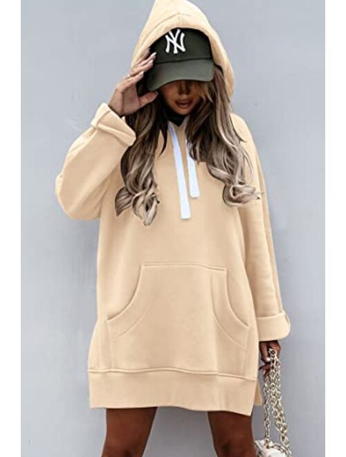 PRETTYGARDEN Women's Casual Pullover Sweatshirt Long Sleeve Split Hem Hoodie Dress with Kangaroo Pocket