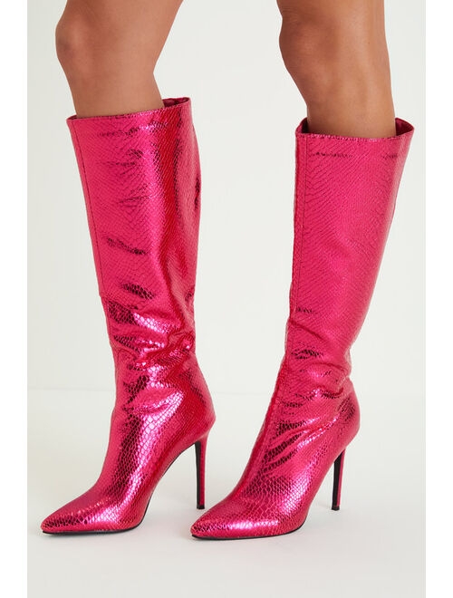 Billini Edelin Raspberry Snake-Embossed Pointed-Toe Knee-High Boots
