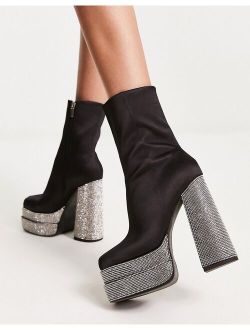 Encore high-heeled embellished platform boots in black satin